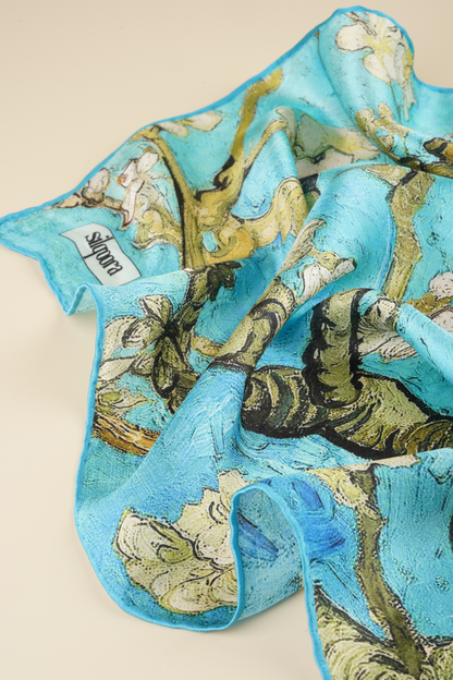 İpek Bandana Fular Art Collection-Vincent Van Gogh (Badem Ağacı Turkuaz)