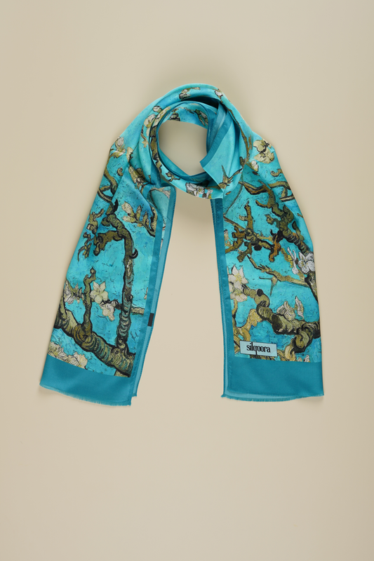 İpek Şal Fular Art Collection-Vincent Van Gogh (Badem Ağacı Turkuaz)