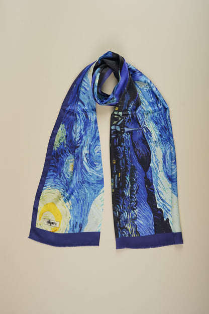 İpek Şal Fular Art Collection-Vincent Van Gogh (Yıldızlı Gece Saks Mavi)