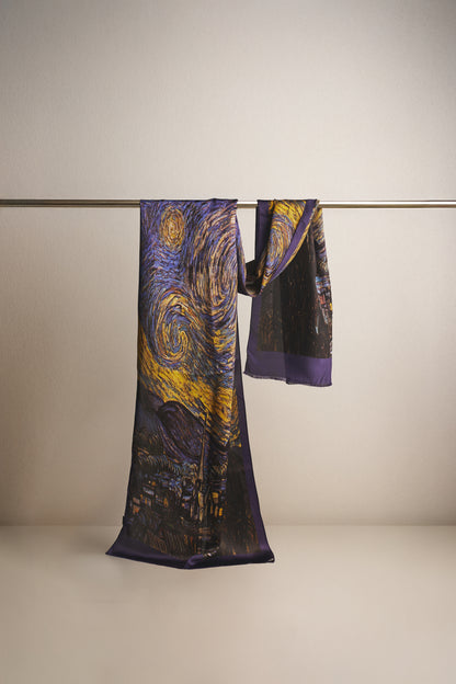 İpek Şal Fular Art Collection- Vincent Van Gogh (Yıldızlı Gece Mor)